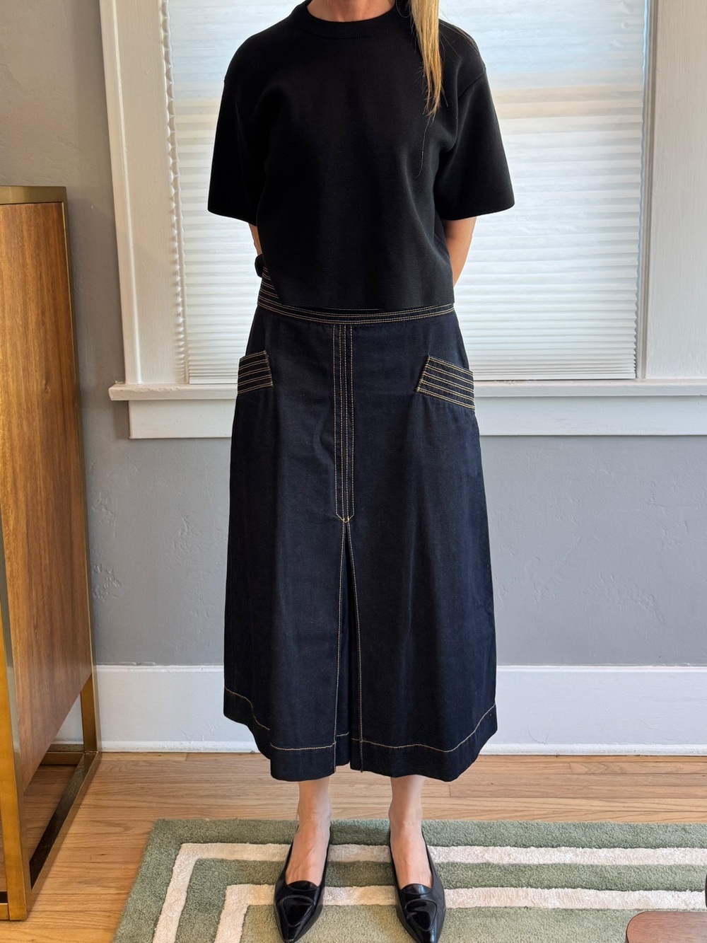 Olivia Palermo Denim Skirt Contrast Stitch Wide Waist Front Slit
